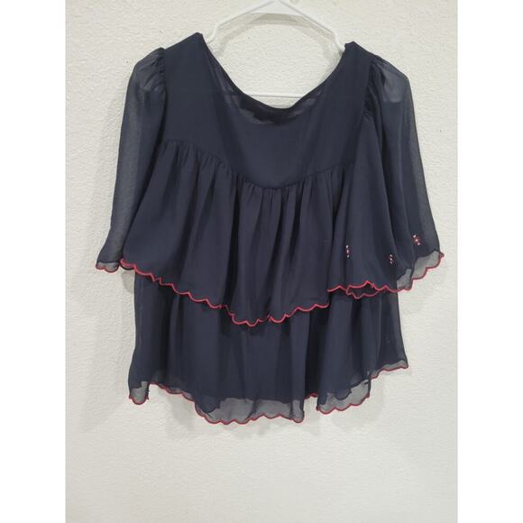 Loft Embroidered Navy Blue Shirt Blouse with Ruffles Women's‎ size Small #10 - Picture 2 of 4